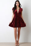Velvet Deep V-Neck Cap Sleeves Flare Cocktail Dress