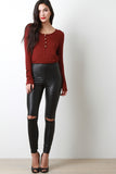 Knees Slit Vegan Leather Tight Leggings