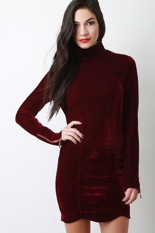 Velvet Zipper Mock Neck Long Sleeves Bodycon Mini Dress