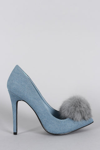 Privileged Faux Fur Pom Pom Denim Pointy Toe Stiletto Pump