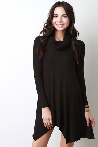 Cowl Relaxed Ribbed Handkerchief Mini Dress