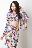 Neon Floral Fringe Sleeves Crop Top