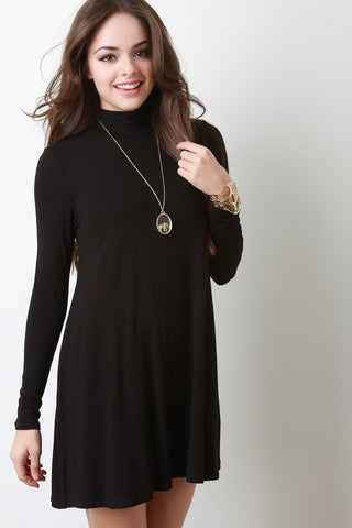 Mock Neck Long Sleeves Swing Mini Dress