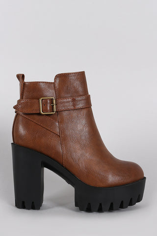 Buckled Lug Sole Platform Heeled Ankle Boots