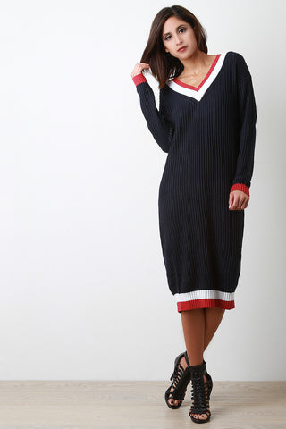 Tri-Tone V-Neck Student Sweater Dress