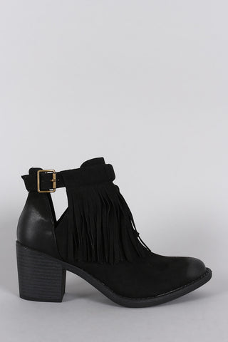 Qupid Fringe Side Cutout Chunky Heeled Booties