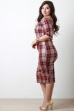 Plaid Off Shoulder Elbow Sleeves Bodycon Midi Dress