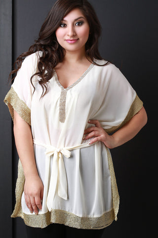 Metallic Gold Knit Trim Kimono Top