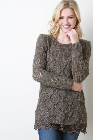 Diamond Knit Lace Trim Sweater