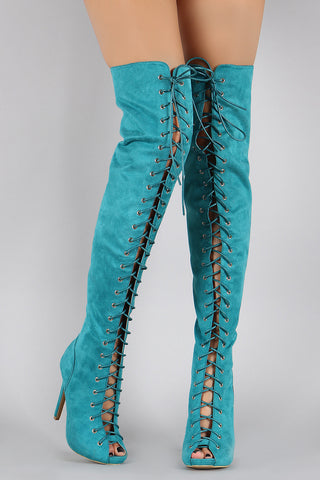 Suede Peep Toe Lace Up Stiletto Over-The-Knee Boots