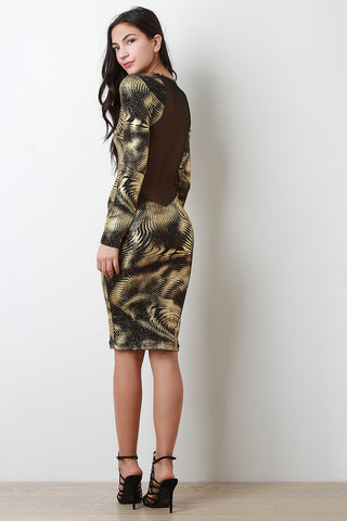 Metallic Brush Strokes Mesh Back Long Sleeve Dress