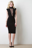 Mesh Panel Padded Shoulders Midi Dress