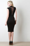 Mesh Panel Padded Shoulders Midi Dress