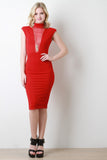 Mesh Panel Padded Shoulders Midi Dress