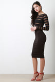 Mesh Stripe Belted Bodycon Twofer Dress