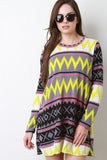 Tribal Long Sleeves Mini Shift Dress