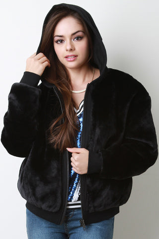 Faux Fur Jersey Hoodie Jacket