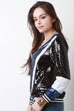 V-Sequined Striped Trim Top