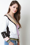 V-Sequined Striped Trim Top